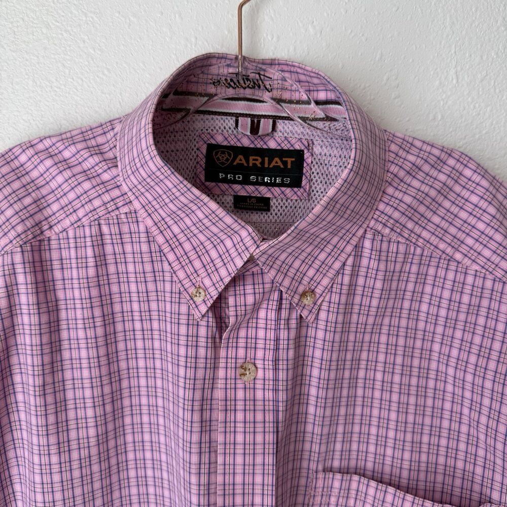 Ariat Pro Series Shirt Men L Pink Plaid Button Down Short Sleeve Chest Pocket - Picture 13 of 13
